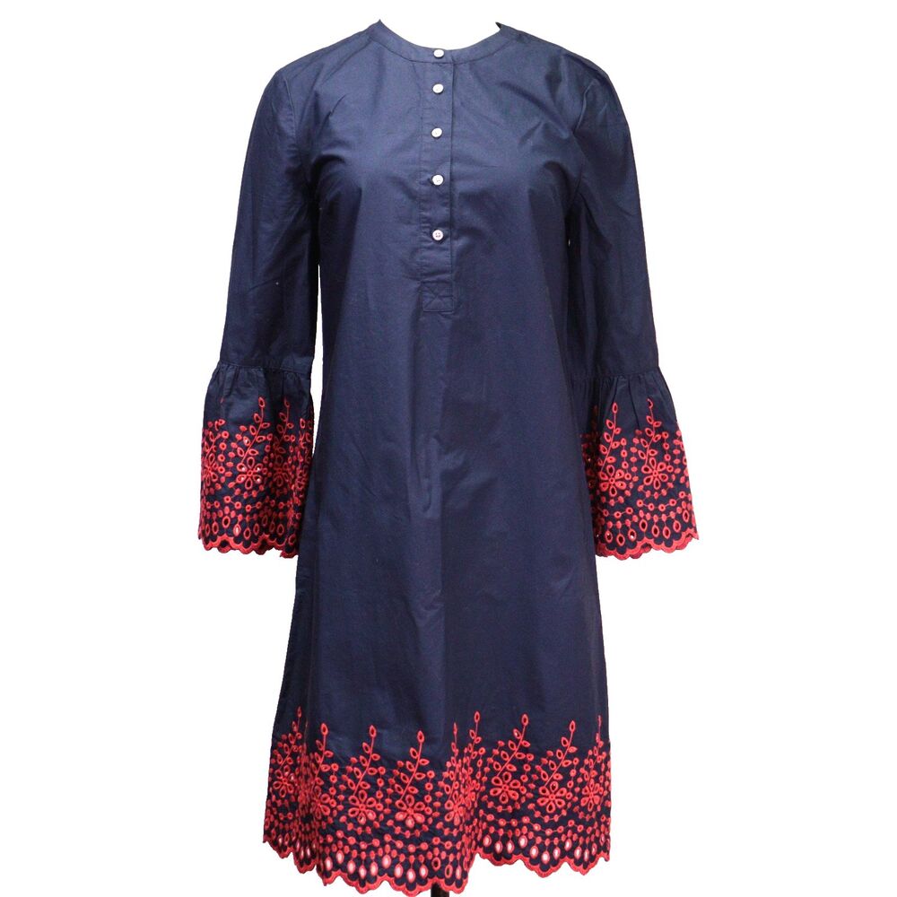 J Crew Shift Dress Navy Blue Red Eyelet Bell Sleeve Embroidered Cotton Button XS